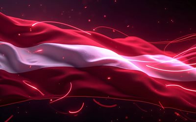 4k, Latvia glowing flag, bokeh, flag of Latvia, Day of Latvia, 3D art, Latvian flag, Latvia fabric flag, neon waves Latvia flag, Latvia 3D flag, Latvia abstract flag, Latvia