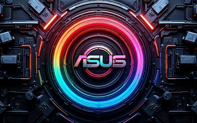 Asus metal logo, 4k, dark hi-tech background, colorful neon lights, conductors, microcircuit, electronics brands, Asus 3D logo, brands, Asus colorful logo, artwork, Asus logo, Asus