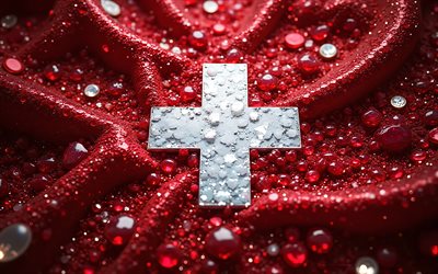 bandera suiza, 4k, piedras preciosas, bandera de suiza, cristales, piedras brillantes, suiza, arte creativo, piedras preciosas rojas, cristales blancos rojos