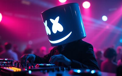 dj marshmello, 4k, natt, glödande mask, 3d konst, christopher comstock, musikstjärnor, populära sångare, amerikansk dj, superstjärnor, marshmello, djs, marshmello 4k