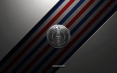 PSG logo, 4k, steel background, French football club, red blue lines, PSG emblem, Ligue 1, PSG, France, football, PSG metal logo, PSG crest, Paris Saint-Germain