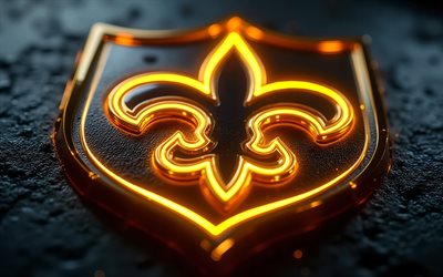 logotipo de neón de los new orleans saints, 4k, fondo de metal negro, logotipo de los santos de nueva orleans, arte de neón, emblema de los rams de los ángeles, eeuu, santos de nueva orleans, fútbol americano, nfl