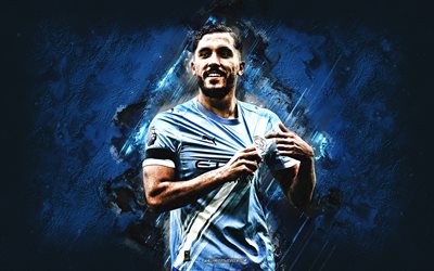 rayan cherki, manchester city fc, futbolista francés, rayan cherki manchester city, fondo de piedra azul, hombre de la ciudad, primera división, inglaterra, fútbol americano
