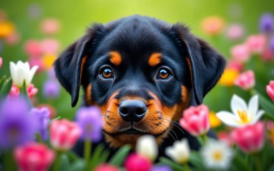 4k, cachorro rottweiler, flores coloridas, primavera, bokeh, perros, animales lindos, cachorros, mascotas, rottweiler, flores de primavera, cachorro en el césped, perro rottweiler