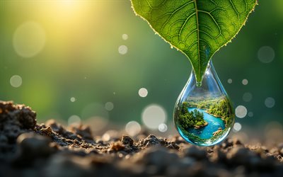 Save water, 4k, Save nature, environment, water concepts, landscape inside a water drop, water, water drop, eco concepts