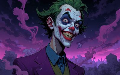 joker sonriente, 4k, arte grunge, fondo violeta grunge, supervillano, bromista, arte abstracto, comodín 4k, creativo, arte del comodín