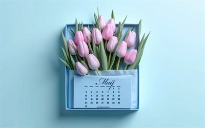 2026 May Calendar, pink tulips, 2026 Calendars, May 2026 Calendar, blue background, tulips, spring 2026 calendars, May Calendar 2026, May