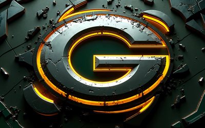 logo métallique des packers de green bay, 4k, néons jaunes, créatif, fond vert 3d, nfl, football américain, logo des packers de green bay, logo 3d des packers de green bay, équipe de football américain, packers de green bay