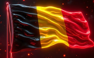 Belgium glowing flag, 4k, digital art, dark abstract background, Belgium flag on flagpole, neon rays, flag of Belgium, Belgian flag, Europe, fabric waves Belgium flag, Belgium 3D flag, Belgium