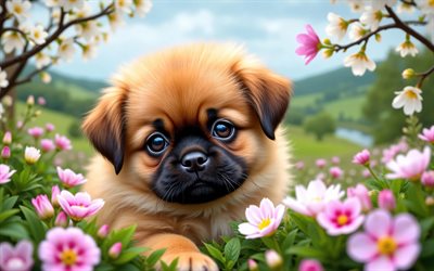 4k, cachorro pequinés, de cerca, primavera, bokeh, perros, animales lindos, pekinés, cachorros, mascotas, flores de primavera, cachorro en el césped, perro pequinés