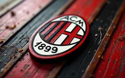 logotipo de madeira do ac milan, 4k, logotipo do ac milan, fundo de madeira preto vermelho, série a, milão, sinal do ac milan, emblema do ac milan, itália, ac milão, futebol