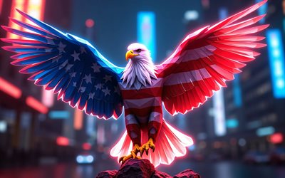 4k, águila calva, arte de baja poli, bandera estadounidense en alas, bandera de estados unidos, aves de presa, noche, símbolo de los eeuu, arte del águila calva, 4 de julio, obra de arte, águilas, eeuu, cuatro de julio, arte 3d