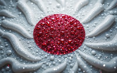 japansk flagga, 4k, ädelstenar, japans flagga, kristaller, blanka stenar, japan, skapande konst, japanska ädelstenar flagga, vita ädelstenar, vita röda kristaller