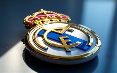 Real Madrid steel logo, polished metal background, Real Madrid emblem, Real Madrid logo, metal background, Real Madrid sign, La Liga, Spain, football, Real Madrid, Real Madrid CF logo, Real Madrid CF