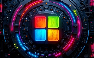 Microsoft abstract logo, 4k, dark hi-tech background, colorful neon lights, conductors, microcircuit, software brands, Microsoft 3D logo, brands, Microsoft colorful logo, artwork, Microsoft logo, Microsoft