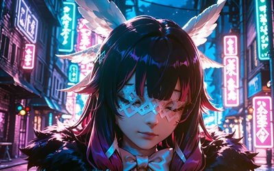 4k, colombina, calle, noche, impacto de genshin, letreros de neón, manga, personajes de anime, columbina hiposelenia, personajes de impacto de genshin, impacto de columbina genshin