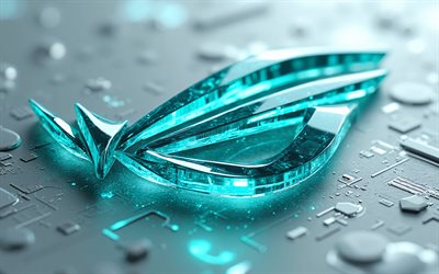 asus rog logotyp i turkos glas, 4k, asus rog skylt i turkos glas, asus rog logotyp, grå teknik bakgrund, asus rog emblem, asus rog, republic of gamers, rog logotyp, rog