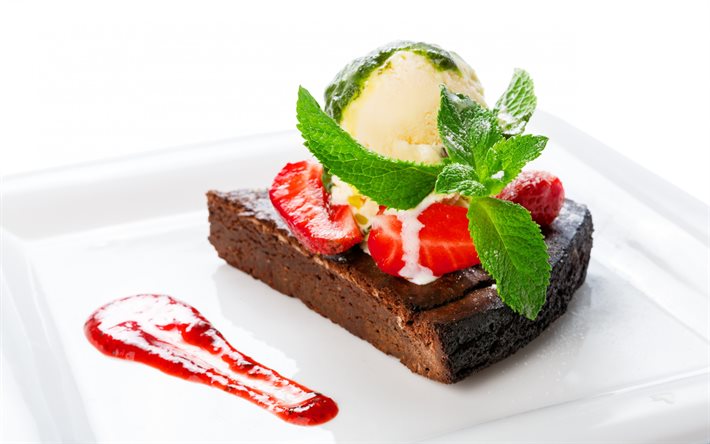 dessert au chocolat, crème glacée, gâteau au chocolat, à la fraise, gâteau avec des fraises
