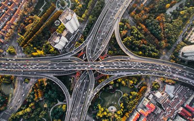 Shanghai, road junction, top view, road, highway, China