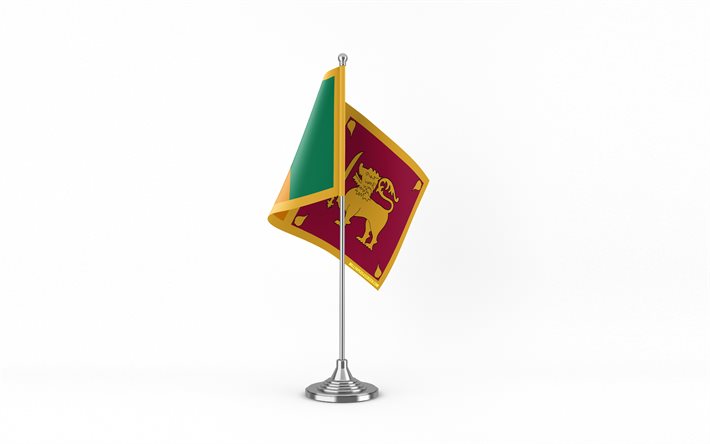 4k, bandeira da mesa do sri lanka, fundo branco, bandeira do sri lanka, bandeira da tabela do sri lanka, bandeira do sri lanka no metal stick, símbolos nacionais, sri lanka