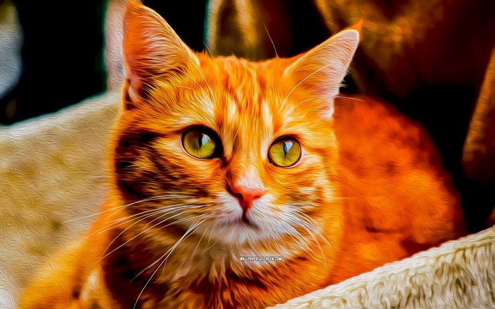 ginger cat, 4k, artwork, yellow eyes, pets, cats, painted cat, abstract animals, painted art, abstract cat