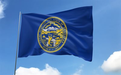 旗竿のネブラスカフラグ, 4k, アメリカの州, 青空, ネブラスカの旗, 波状のサテンの旗, ネブラスカフラッグ, 米国の状態, 旗のある旗竿, アメリカ, ネブラスカの日, アメリカ合衆国, ネブラスカ
