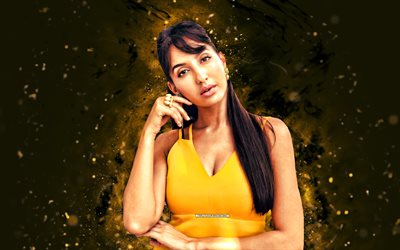 nora fatehi, 4k, luzes de neon amarelo, ator indiano, bollywood, estrelas de cinema, obra de arte, imagem com nora fatehi, celebridade canadense, nora fatehi 4k
