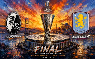 نهائي الدوري الأوروبي 2026, 4k, فن الطلاء, إس سي فرايبورج vs أستون فيلا, أخير, الدوري الأوروبي, شعار نادي فرايبورغ, بقع الطلاء, شعار نادي أستون فيلا, ملعب بشكتاش, اسطنبول, 20 مايو 2026, المباراة الترويجية