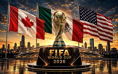 4k, fifa fußball weltmeisterschaft 2026, flaggen, stadien, fifa wm trophäe, kreativ, fußball, kunst zur fifa weltmeisterschaft, goldene trophäe, fifa weltmeisterschaft