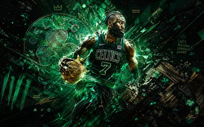 Jaylen Brown, 4k, green abstract background, Boston Celtics, NBA, American basketball players, Jaylen Brown 4K, basketball, fan art, Boston Celtics logo, Jaylen Brown Boston Celtics