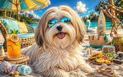 Havanese, 4k, summer, tropical beach, beach accessories, sea, sun lounger, sunglasses, Havanese on beach, dogs, cocktail, cute animals, beach, pets, dog in sunglasses, Havanese Dog