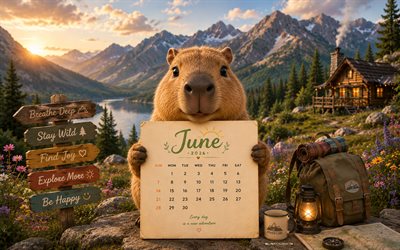 June 2026 Calendar, 4k, capybara in the mountains, 2026 June Calendar, cute capybara, June, 2026 calendars, June Calendar 2026, trip to the mountains