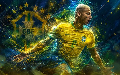 richarlison, seleção brasileira de futebol, arte dos fãs, fundo de linhas abstratas amarelas verdes, richarlison brasil, arte criativa, logotipo da seleção brasileira de futebol, futebol, richarlison de andrade