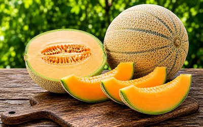 4k, melonit, marjoja, kypsiä hedelmiä, melonin viipaleita, meloni, nippu kypsiä meloneja, tausta meloneilla, kesän hedelmiä