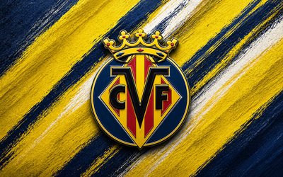 villarreal cf logo, 4k, sininen keltainen maali tausta, villarreal cf, espanjan jalkapalloseura, villarreal cf  tunnus, la liga, espanja, jalkapallo, villarrealin logo, villarreal