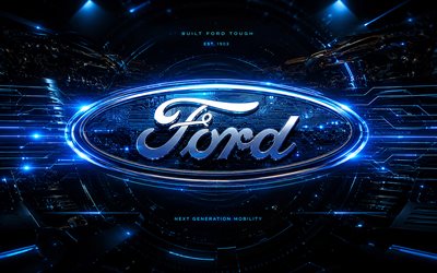 logotipo 3d da ford, 4k, fundo futurista azul, criativo, raios de néon azuis, logotipo metálico da ford, logotipo futurista da ford, marcas de carros, logotipo da ford, ford