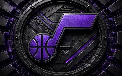 Utah Jazz metal logo, 4k, black violet metal background, NBA, basketball, Utah Jazz logo, Utah Jazz 3D logo, american basketball team, Utah Jazz