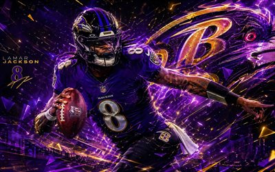 Lamar Jackson, 4k, violet digital background, Baltimore Ravens, NFL, american football, Lamar Jackson 4K, Baltimore Ravens logo, fan art, Mark Lamar Jackson Ravens