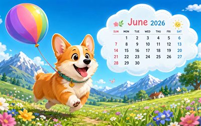 2026 kesäkuun kalenteri, 4k, corgi, värikäs ilmapallo, ruohopalsta, vuoret, kesäkuu 2026, kevään kalentereita, walesin corgi pembroke, kesäkuun 2026 kalenteri, kevät, kesäkuun kalenterit, 2026 kalenterit, kesäkuuta