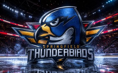 4k, springfield thunderbirdsin metallinen logo, kohdevalot, jääareena, ahl, luova, jääkiekko, springfield thunderbirdsin logo, jääkiekkostadion, springfield thunderbirdsin 3d logo, amerikkalainen jääkiekkojoukkue, springfield thunderbirds