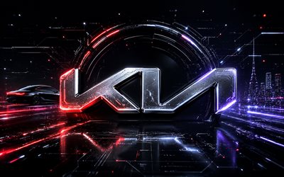 logotipo kia 3d, 4k, fundo futurista escuro, criativo, raios de néon coloridos, logotipo metálico kia, logotipo futurista da kia, marcas de carros, logotipo kia, kia