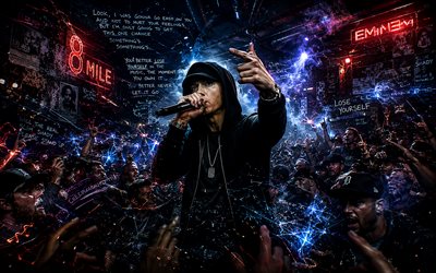 Eminem, 4k, concert, night party, cartoon art, fans, creative background, music stars, Marshall Bruce Mathers III, Eminem on concert, american rapper, Eminem art, american celebrity, Eminem 4K