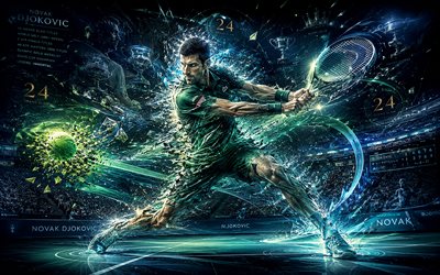 Novak Djokovic, 4k, Serbian tennis player, ATP, green abstract lines art, tennis, Novak Djokovic art, Association of Tennis Professionals, creative art, green light lines