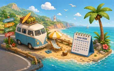 June 2026 Calendar, 4k, 3D isometric art, 2026 June Calendar, camper bus on the beach, June, 2026 calendars, June Calendar 2026, 3D isometric beach, camper bus