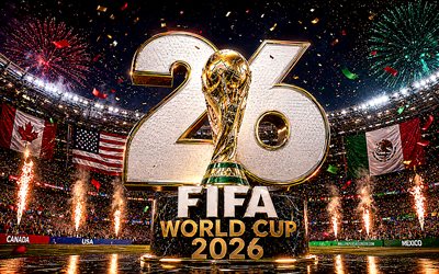 4k, 2026 FIFA World Cup, stadium, fireworks, FIFA World Cup Trophy, creative, football, FIFA World Cup art, FIFA World Cup 2026, golden trophy, soccer, FIFA World Cup