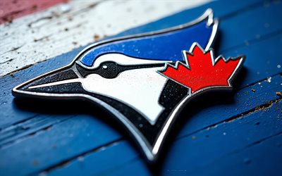 Toronto Blue Jays wooden logo, blue wooden background, Toronto Blue Jays sign, Toronto Blue Jays emblem, baseball, Canada, MLB, USA, Toronto Blue Jays logo, Toronto Blue Jays