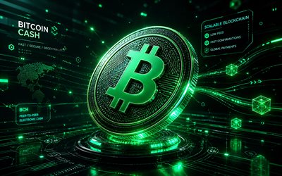 Bitcoin Cash 3D logo, 4k, green futuristic background, cryptocurrencies, Bitcoin Cash metal logo, brands, Bitcoin Cash cryptocurrency, blockchain, Bitcoin Cash logo, Bitcoin Cash