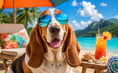 Basset Hound, 4k, summer, tropical beach, beach accessories, sea, sun lounger, sunglasses, Basset Hound on beach, dogs, cocktail, cute animals, beach, pets, dog in sunglasses, Basset Hound Dog