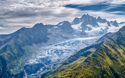 Glacier du Tour, aerial view, Aiguille du Tour, Alps, mountain landscape, glacier, rocks, Chamonix, Haute-Savoie, France, mountains, French Alps