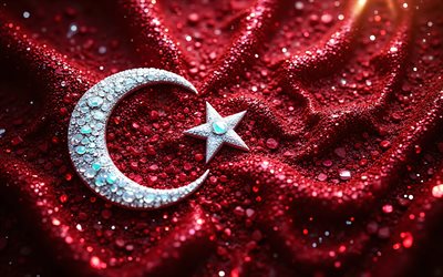 Turkey flag, 4k, Turkish flag, precious stones, flag of Turkey, crystals, shiny stones, Turkey, creative art, red rubies, Turkish gems flag
